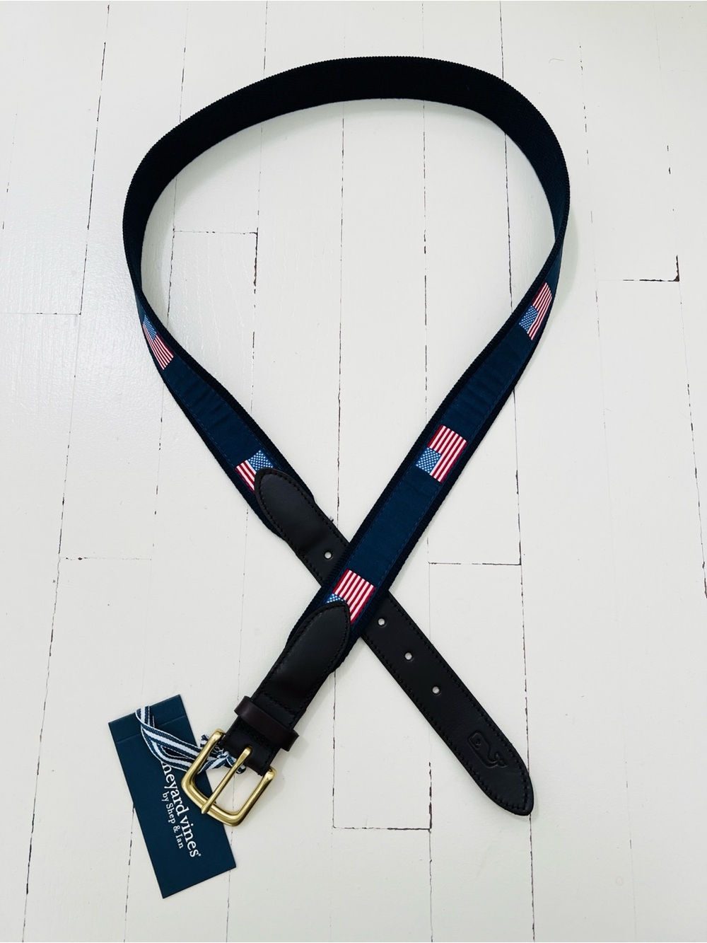 NWT Vineyard Vines Navy Belt with American Flag and Brown Leather Trim